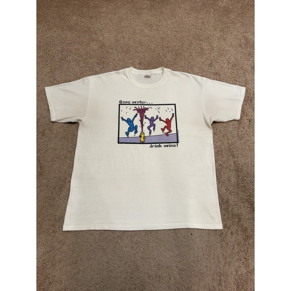 Vintage 1999 Save Water Drink Wine Keith Haring Style Art White T-Shirt Size XL